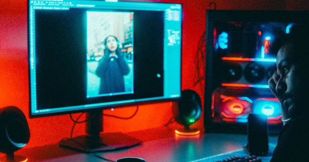 Retoucher at a red-lit desk with a portrait open on a large monitor