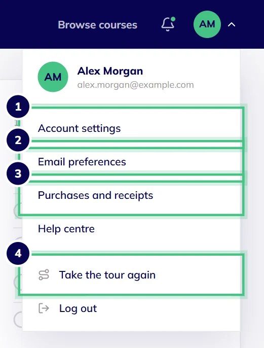 The account menu open from your initials at the top right, listing settings, email preferences, purchases, the help centre, the tour and log out.