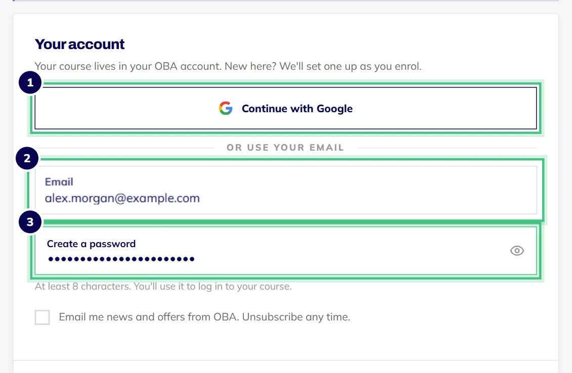 The Your account section of checkout, with an email typed in and the Create a password box that appears for a new email.