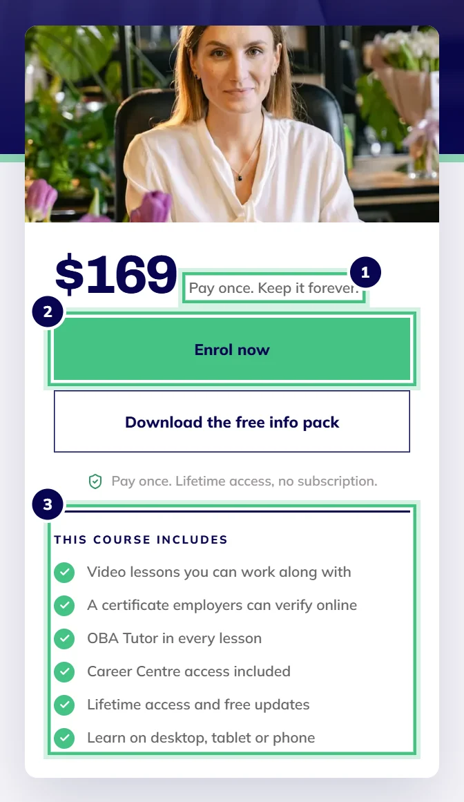 The enrol panel on the Microsoft Excel course page, showing the price, the Enrol now button and what the course includes.