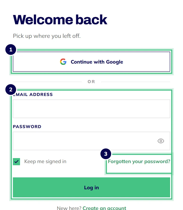 The OBA login page with Continue with Google, email and password boxes, and the Forgotten your password link.