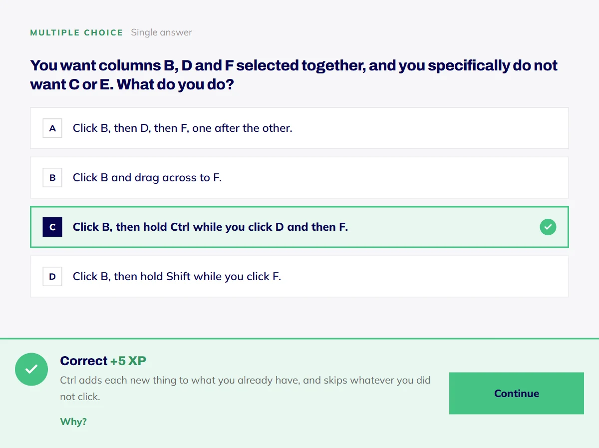 After a right answer: the answer is marked correct with a short explanation and a Continue button.