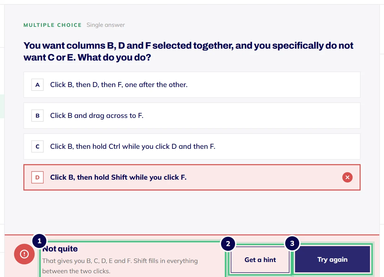 After a wrong answer: a Not quite message explains the slip, with Get a hint and Try again buttons.