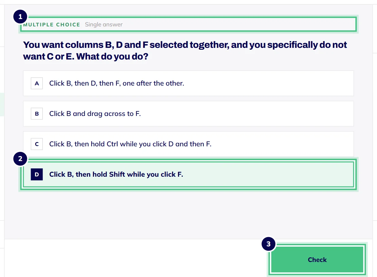 A multiple choice practice question in a lesson, with one answer picked and the Check button ready.