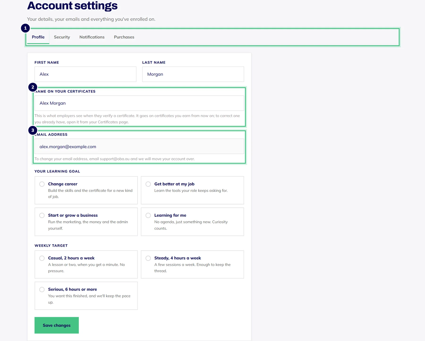 Account settings on the Profile tab, with your name, the name on your certificates, your email address and your learning goal.